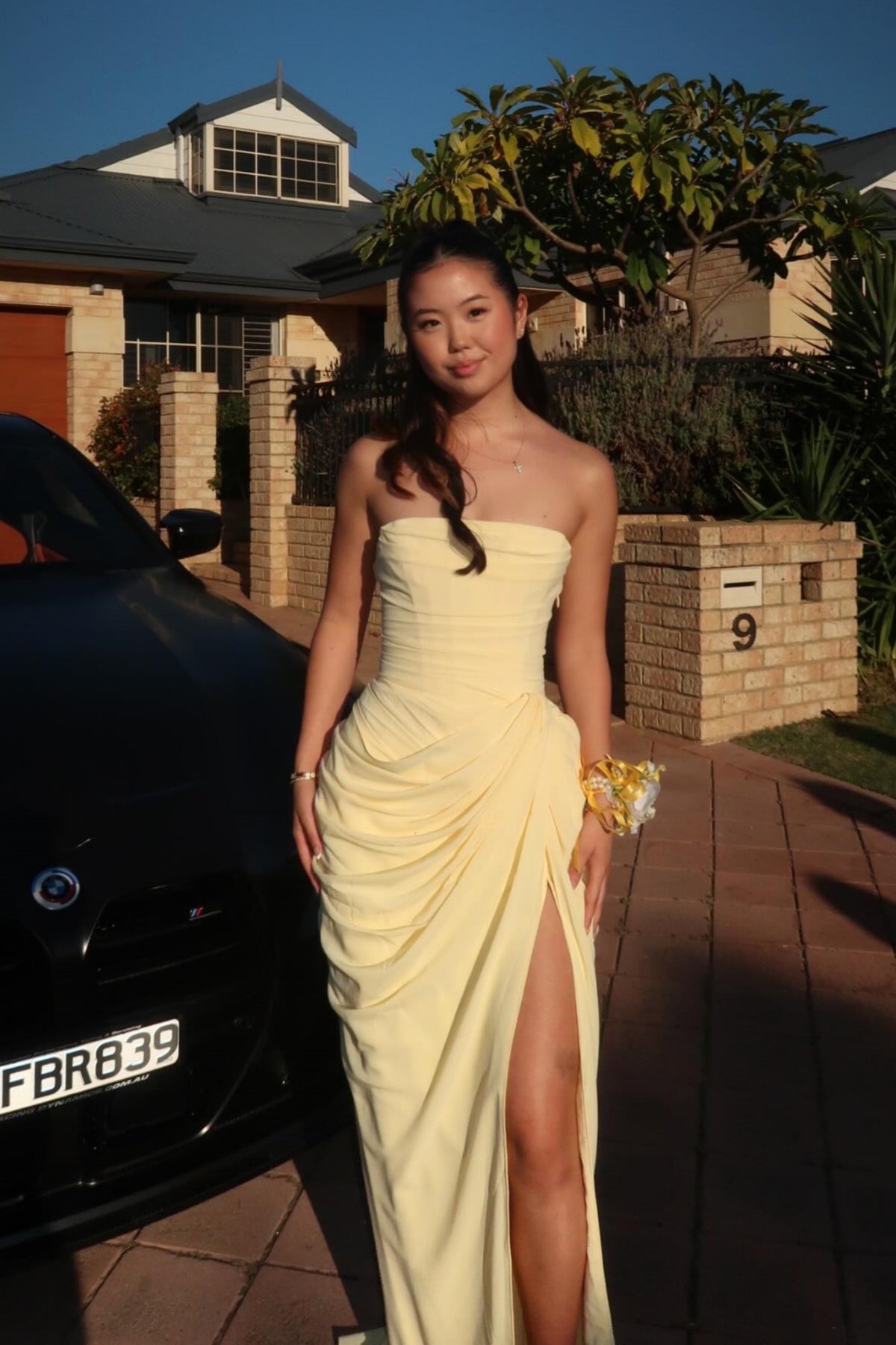 Yellow Strapless A-line Slit Dress