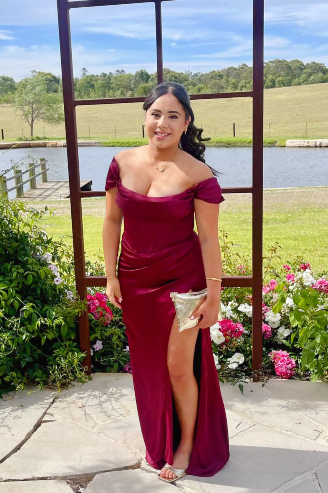 Burgundy Off-the-shoulder Side Slit Long Dress