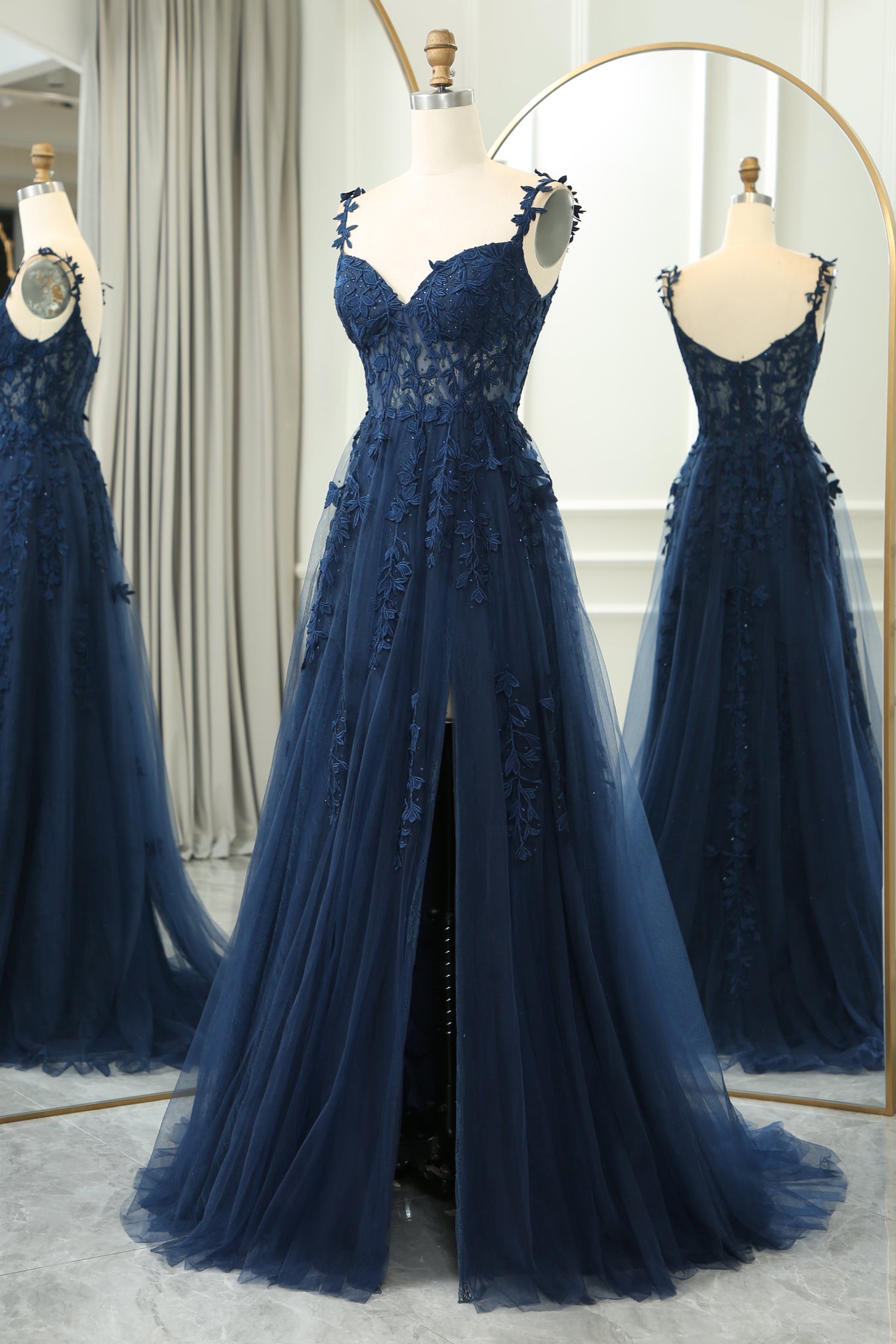 Straps Navy Blue Lace Appliques A-line Formal Dress