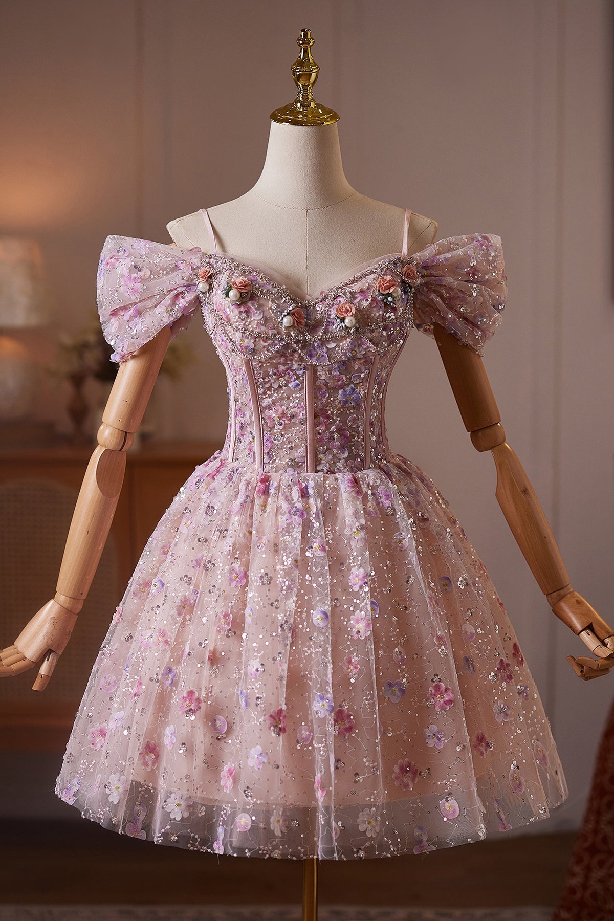 Pink Off-Shoulder Floral Mini Dress