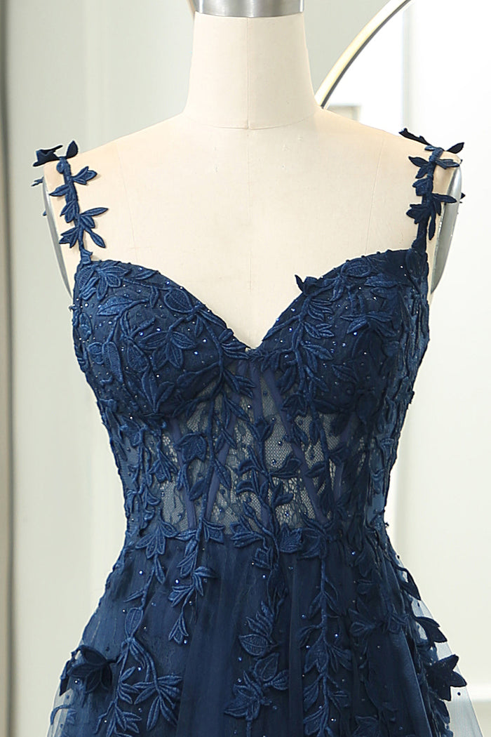 Navy Blue Lace Appliques Mermaid Evening Dress Sleeveless