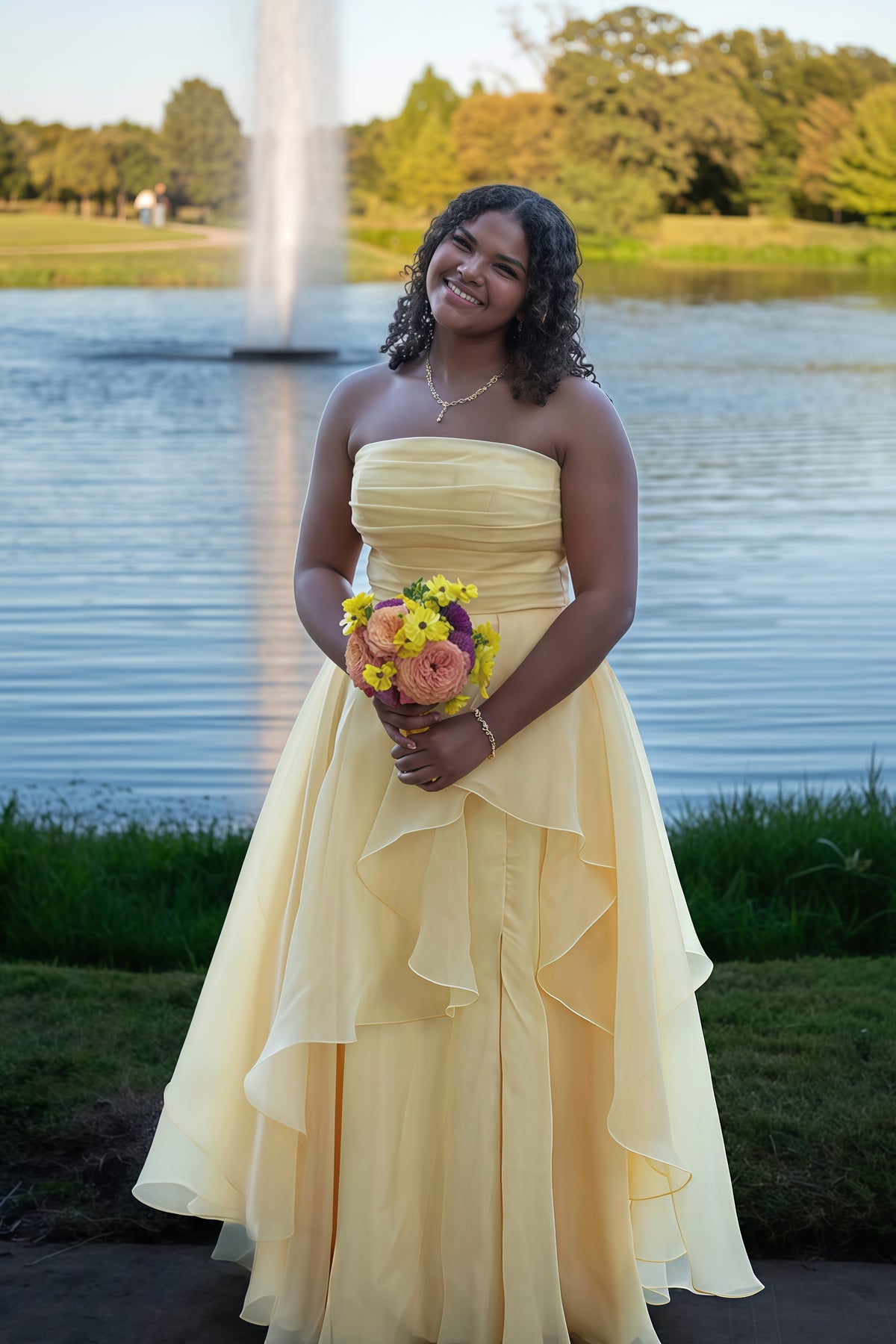 Strapless Yellow Tulle Ruffle A-line Formal Dress