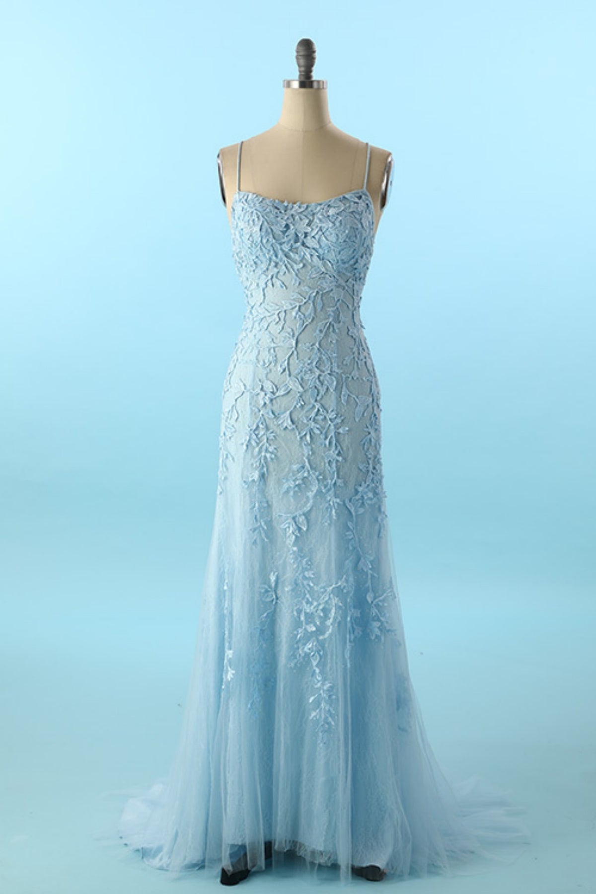 Sky Blue Lace Mermaid Long Prom Dress