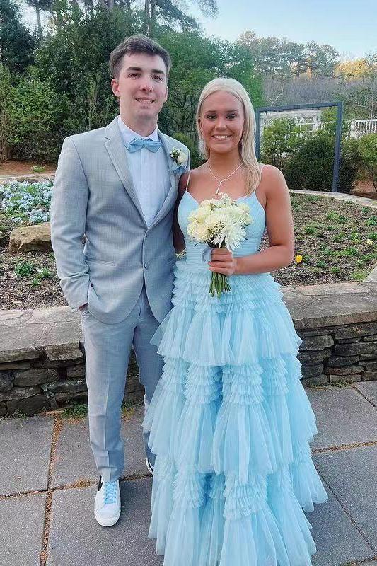 Light Blue Pleated A-line Tiered Prom Dress