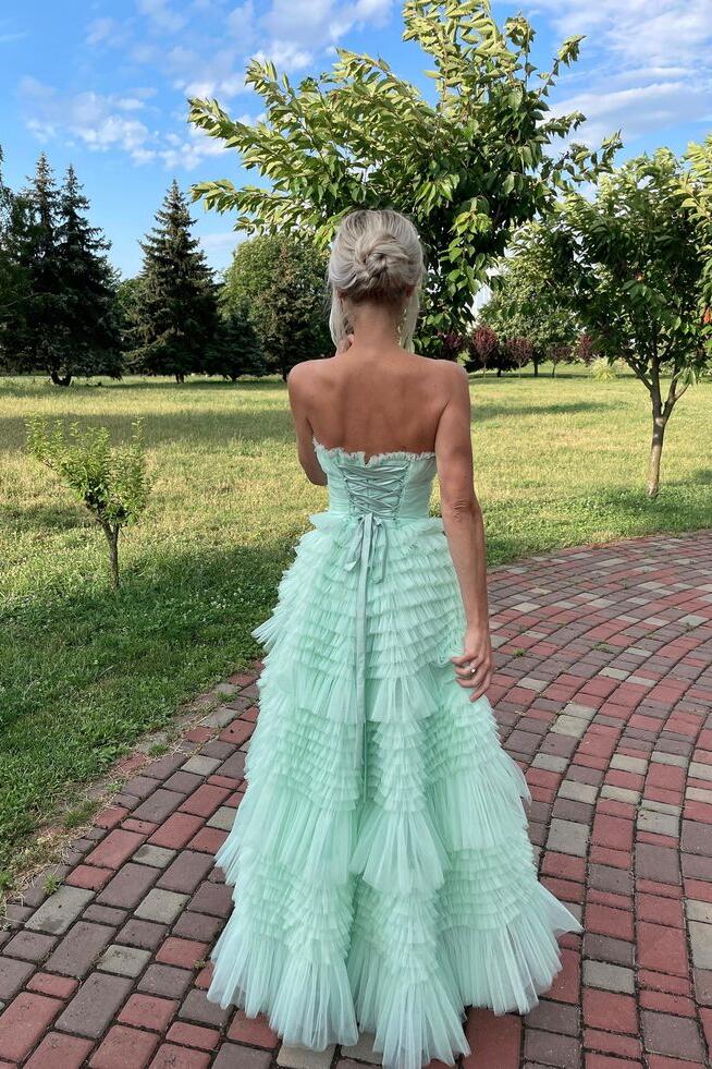 Strapless Mint Green High-low Tiered Ruffles Gown Dressesforparty Strapless Mint Green High-low Tiered Ruffles Gown Dressesforparty