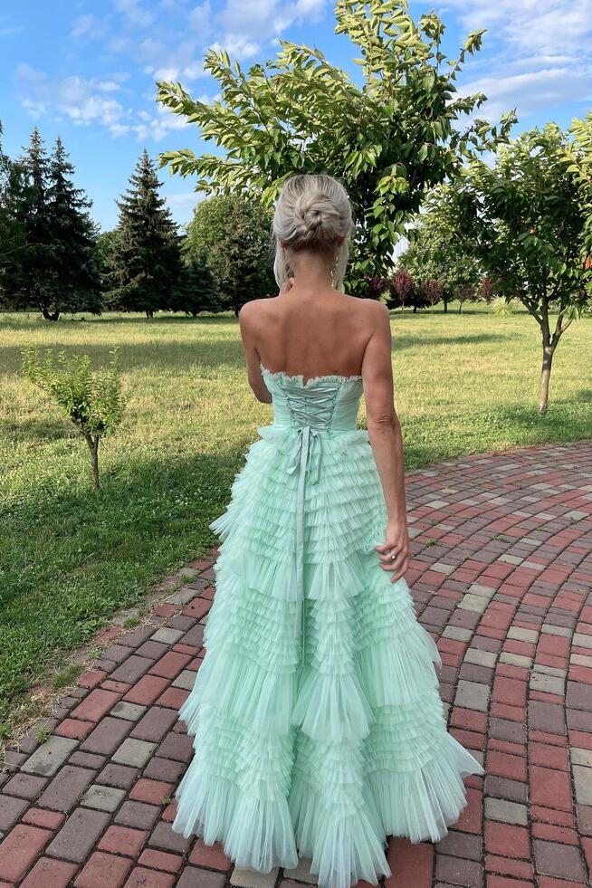 Strapless Mint Green High-low Tiered Ruffles Gown