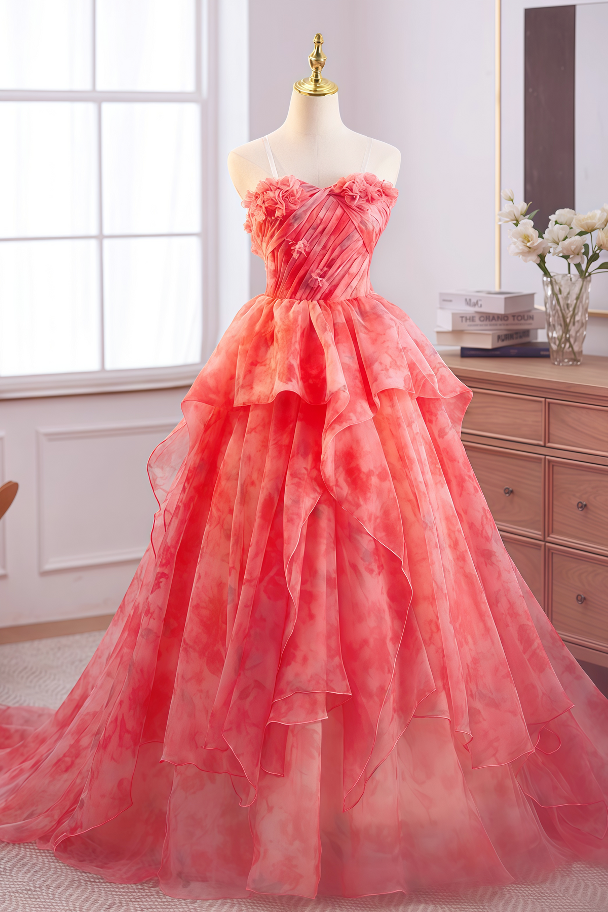 Red Floral Strapless Ruffle A-line Dress