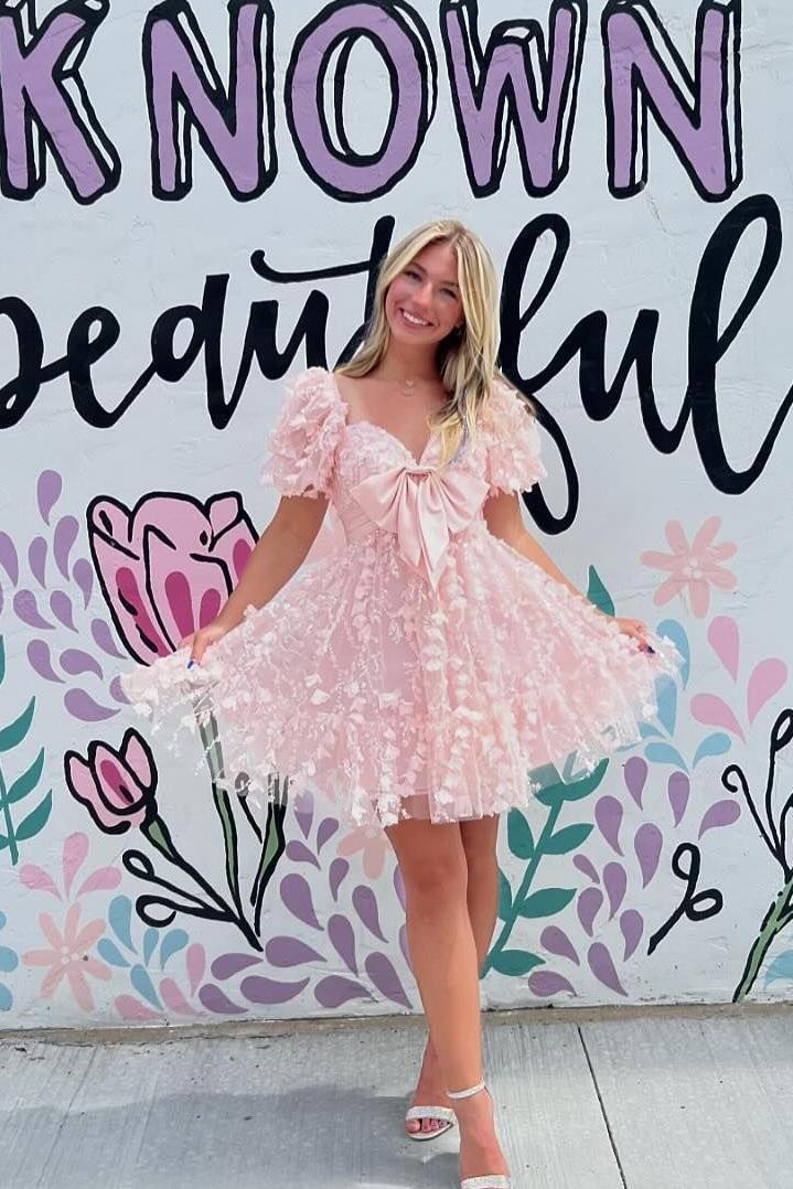 Short Puff Sleeves Pink A-line Babydoll Dress Dressesforparty Short Puff Sleeves Pink A-line Babydoll Dress Dressesforparty