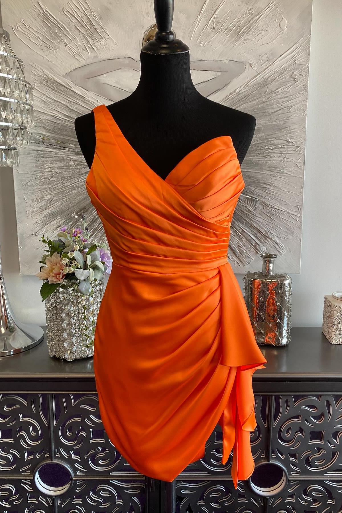orange dress short One Shoulder Orange Ruched Tight Short Dress – Dressesforparty