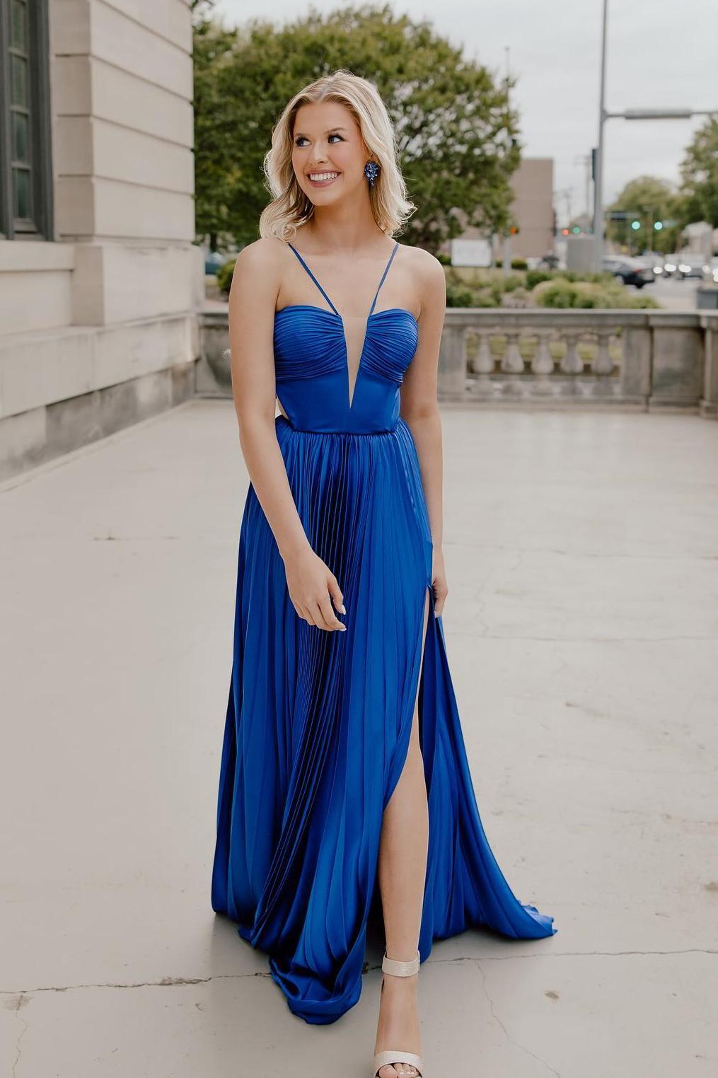 Straps Royal Blue Pleated Long Formal Dress with Bow Back Dressesforparty Straps Royal Blue Pleated Long Formal Dress with Bow Back Dressesforparty