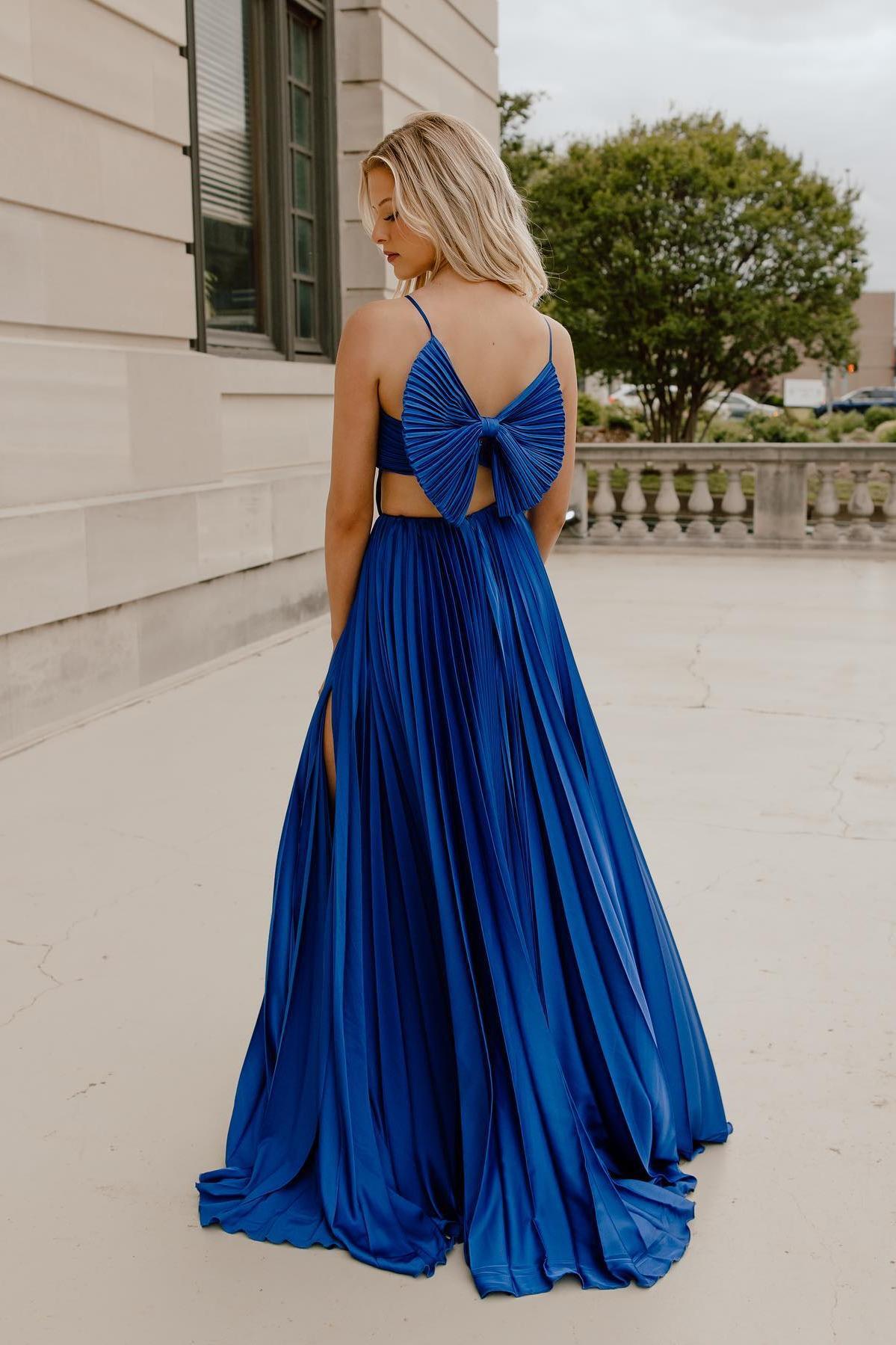Straps Royal Blue Pleated Long Formal Dress with Bow Back Dressesforparty Straps Royal Blue Pleated Long Formal Dress with Bow Back Dressesforparty