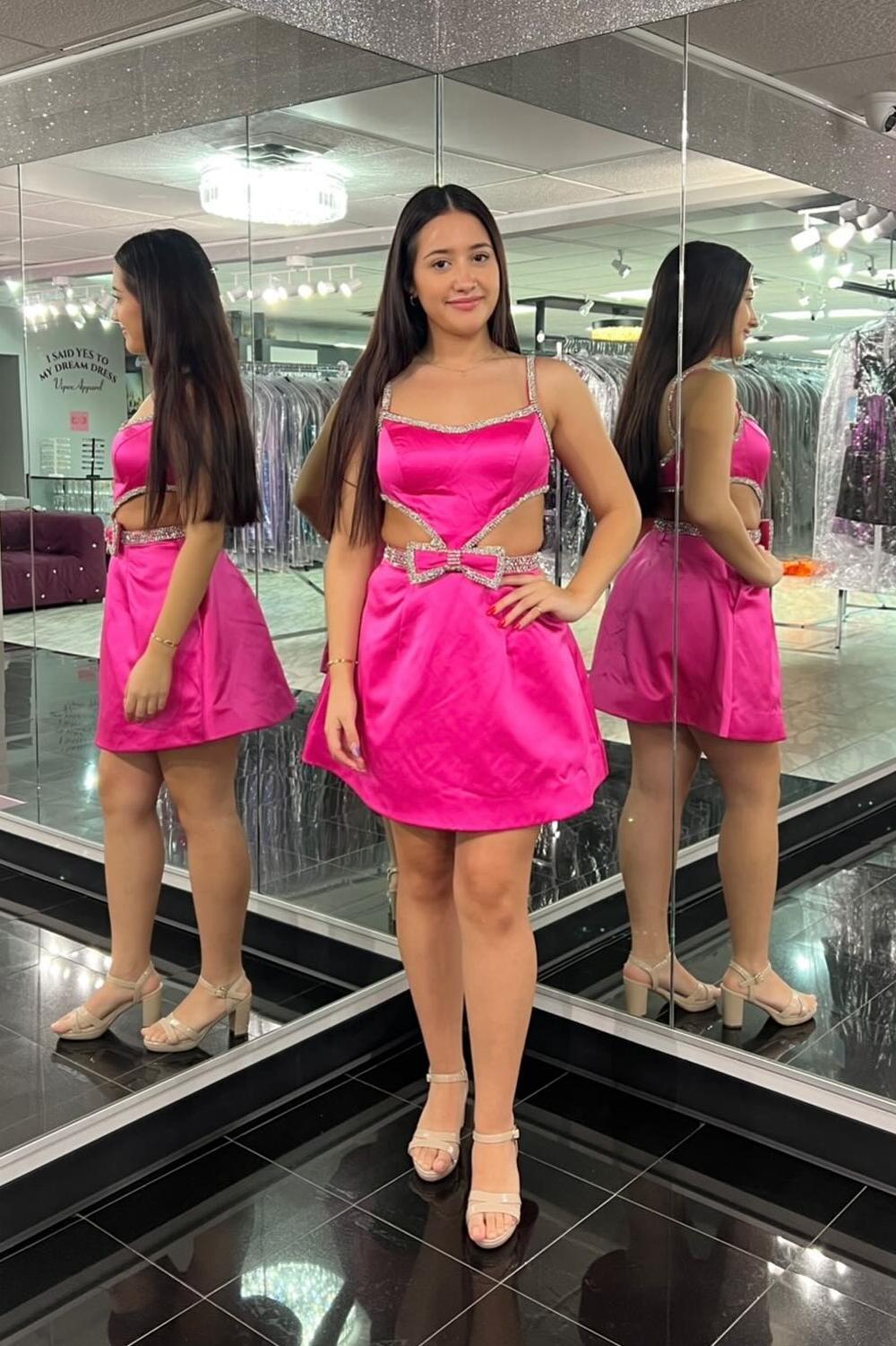 Hot Pink Beaded Cutout A-line Short Satin Homecoming Dress – Dressesforparty