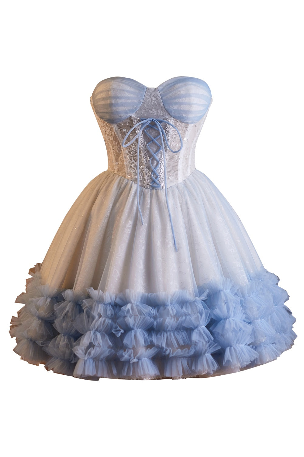Blue Tulle Lace-Print Bustier Mini Dress