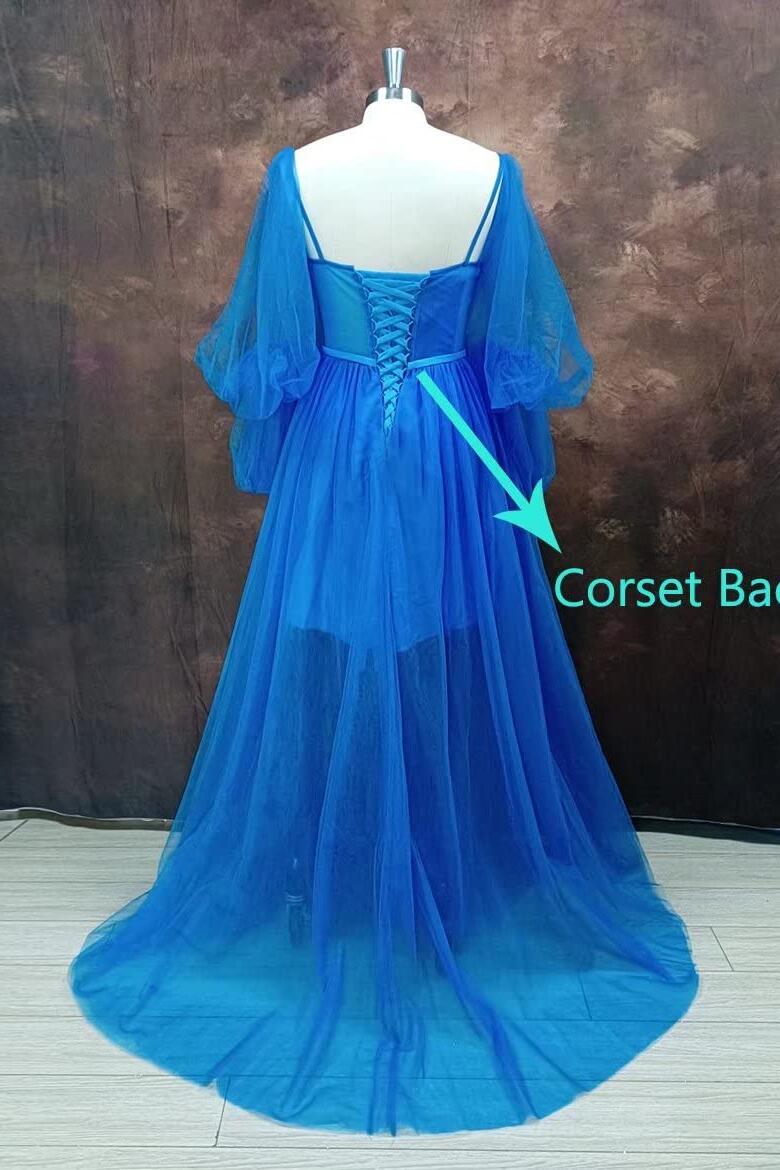 Royal blue long tulle dress with train
