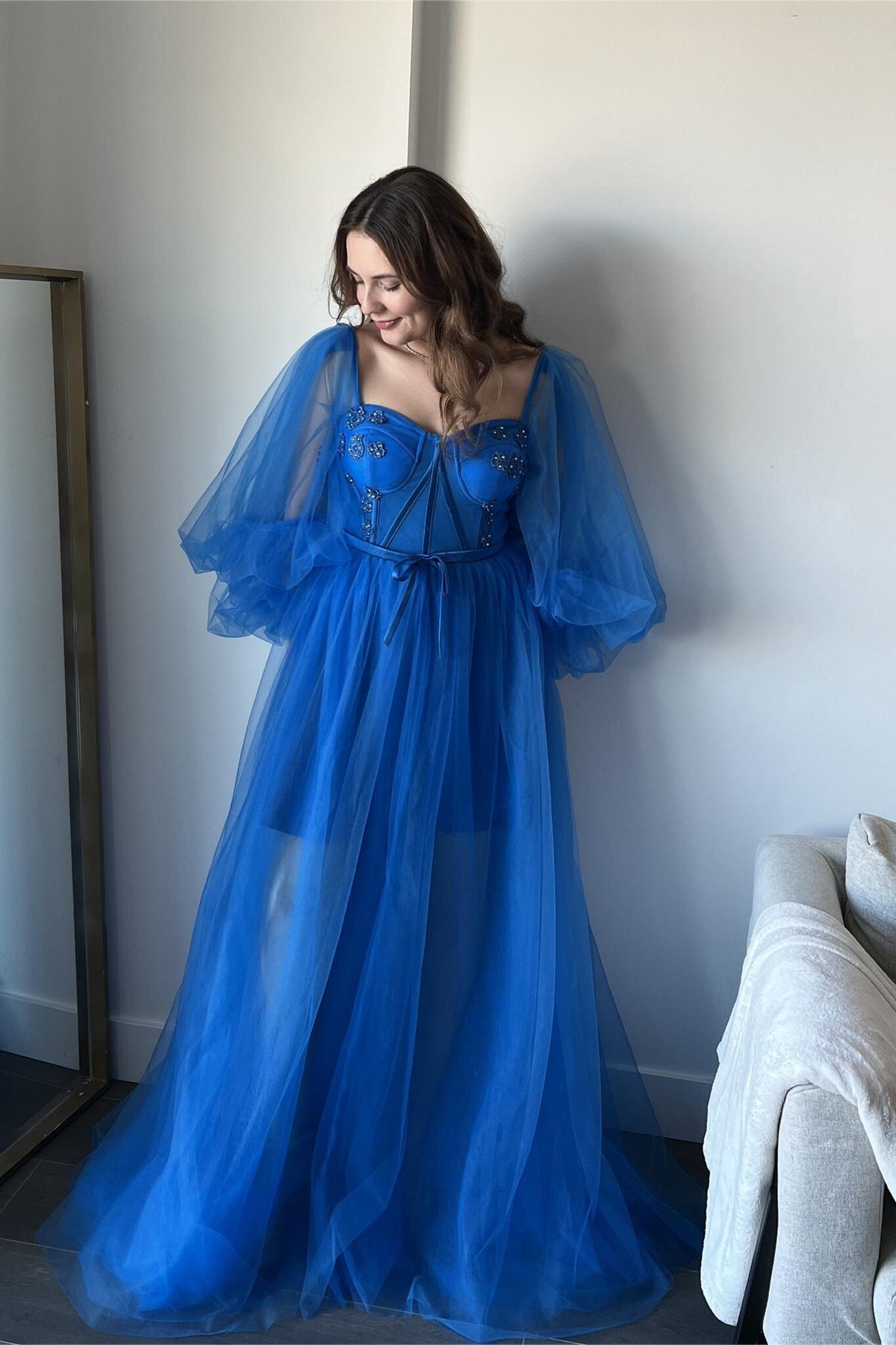 Puff Sleeves Royal Blue Tulle Long Formal Dress Dressesforparty Puff Sleeves Royal Blue Tulle Long Formal Dress Dressesforparty