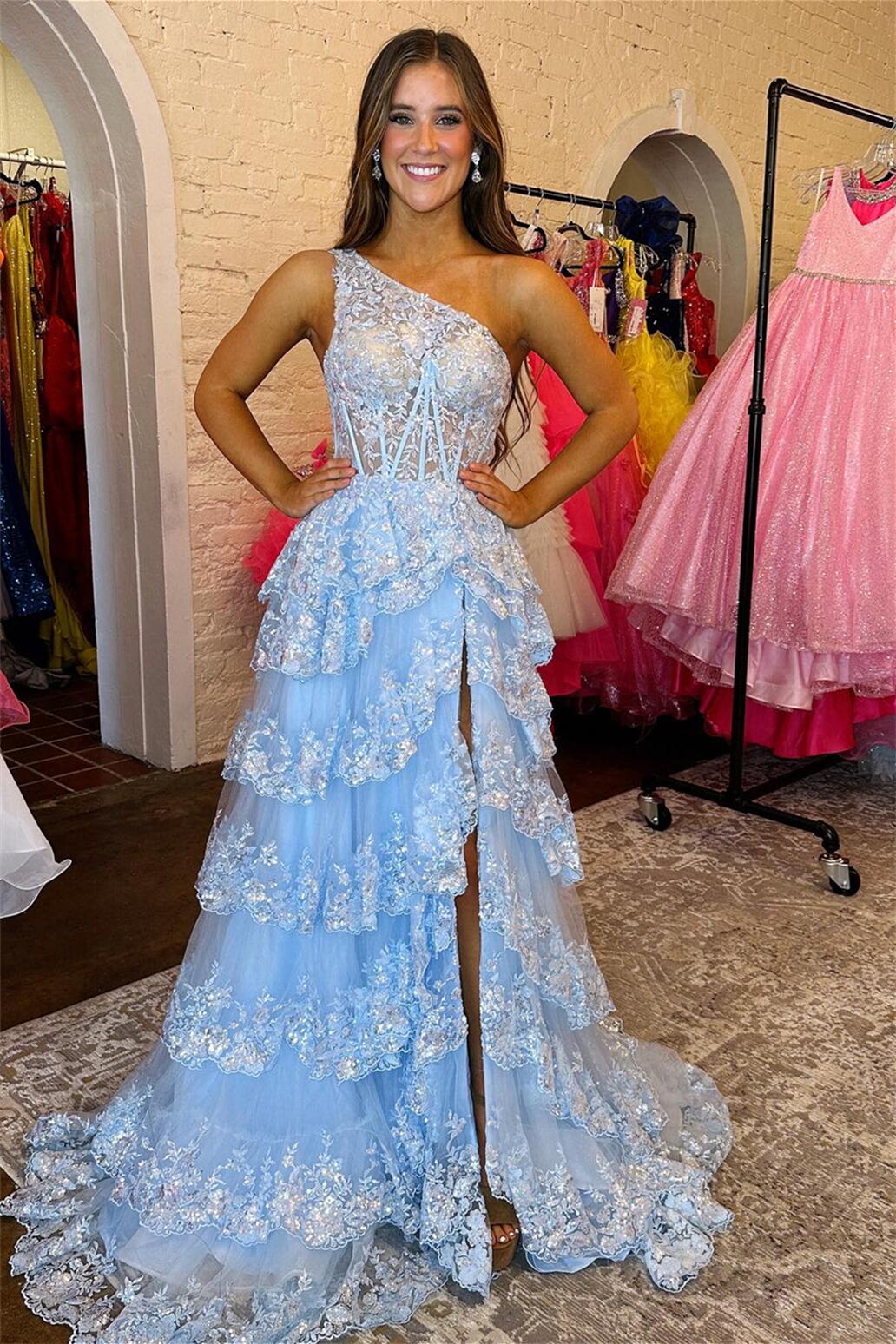 One Shoulder Light Blue Appliques Ruffle Formal Dress Dressesforparty One Shoulder Light Blue Appliques Ruffle Formal Dress Dressesforparty