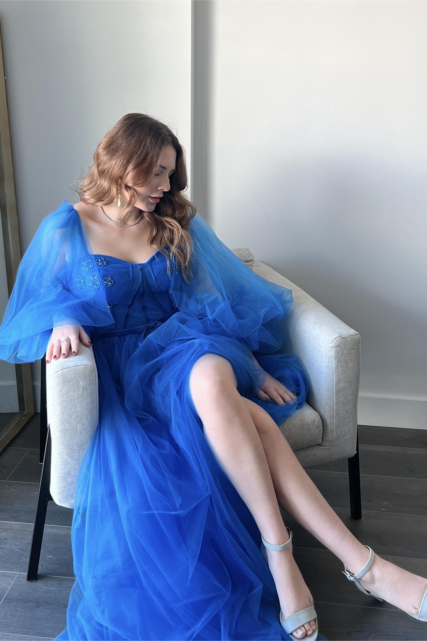 Puff Sleeves Royal Blue Tulle Long Formal Dress