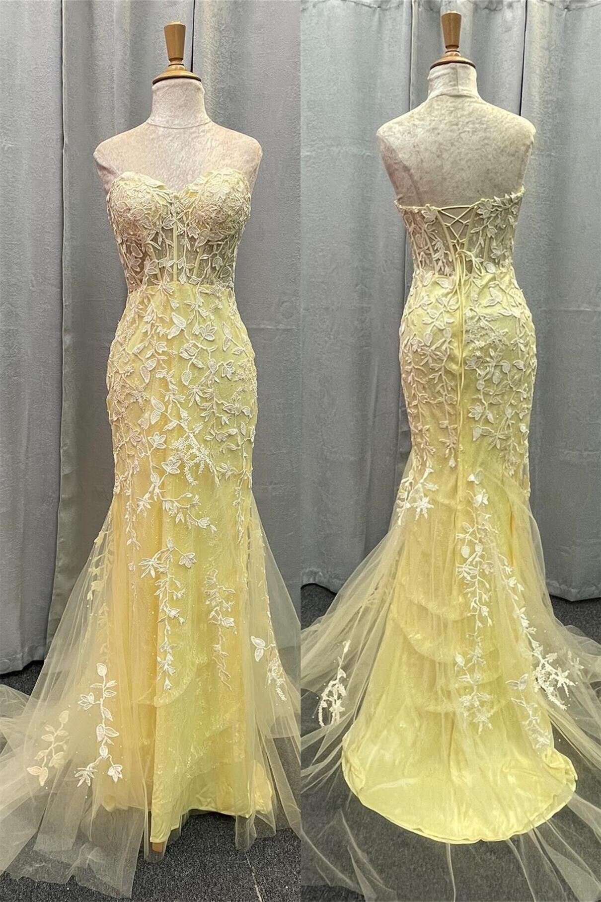 Sweetheart Yellow Lace Mermaid Long Prom Dress