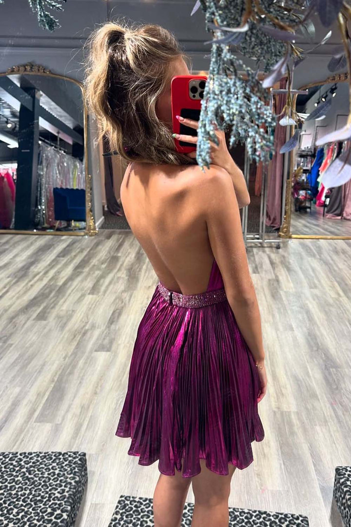 Halter Pleated Purple Short Party Dress Dressesforparty Halter Pleated Purple Short Party Dress Dressesforparty