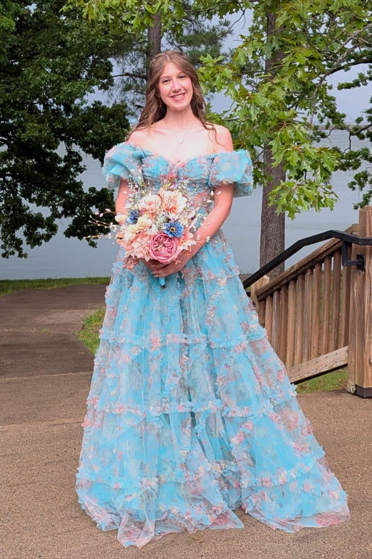 Blue Lace Corset Off-the-Shoulder A-Line Tulle Dress