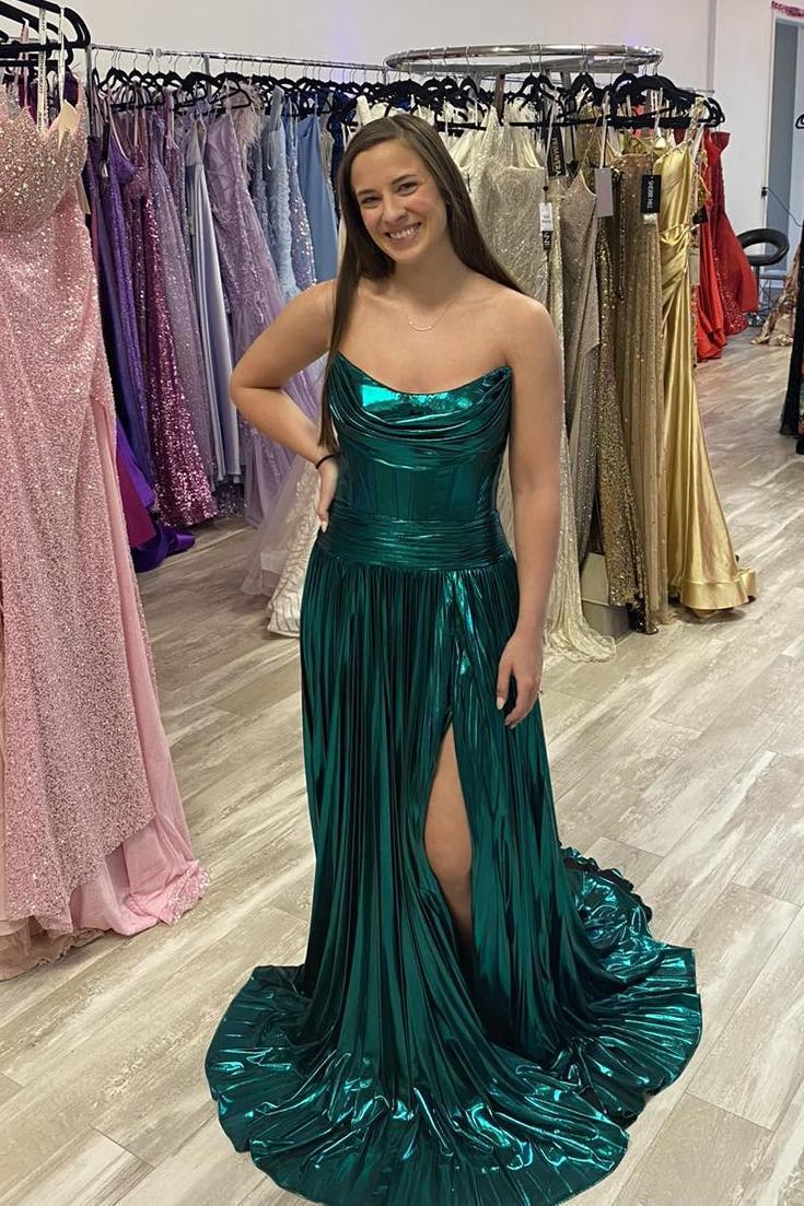 Ruched Strapless Green Metallic A-line Long Formal Dress Dressesforparty Ruched Strapless Green Metallic A-line Long Formal Dress Dressesforparty