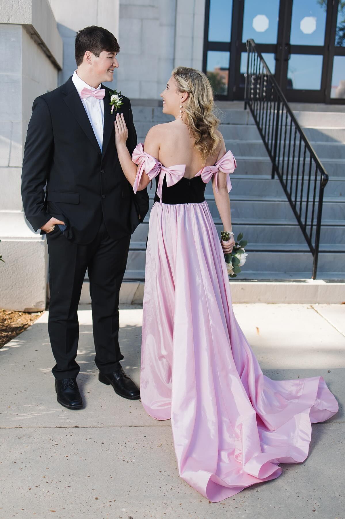 Off the Shoulder Black Long Formal Dress with Pink Bows – Dressesforparty