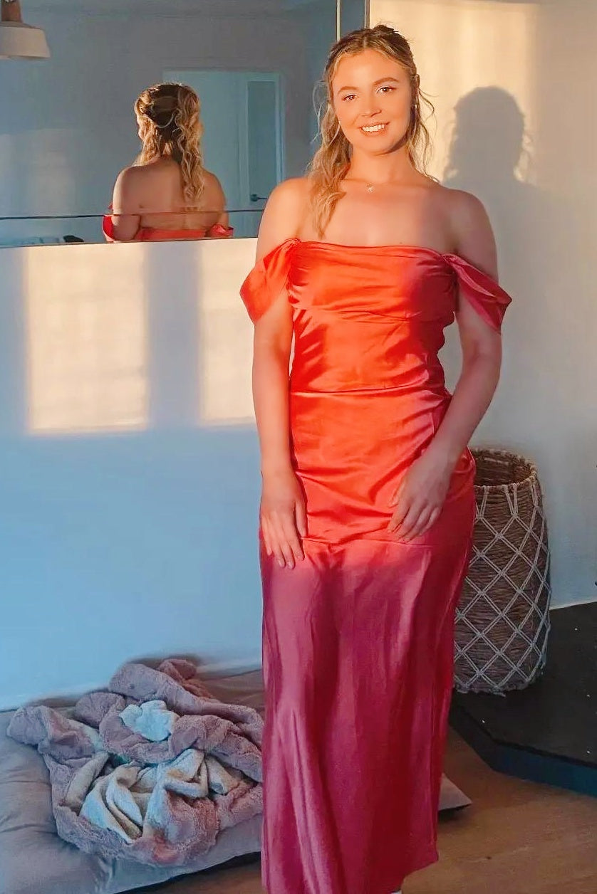 coral satin dress Coral Off-the-Shoulder Fitted Satin Dress – Dressesforparty