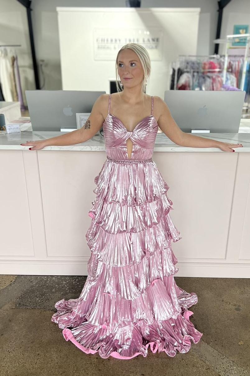 Straps Pink Metallic Pleated A-line Ruffle Long Formal Dress Dressesforparty Straps Pink Metallic Pleated A-line Ruffle Long Formal Dress Dressesforparty