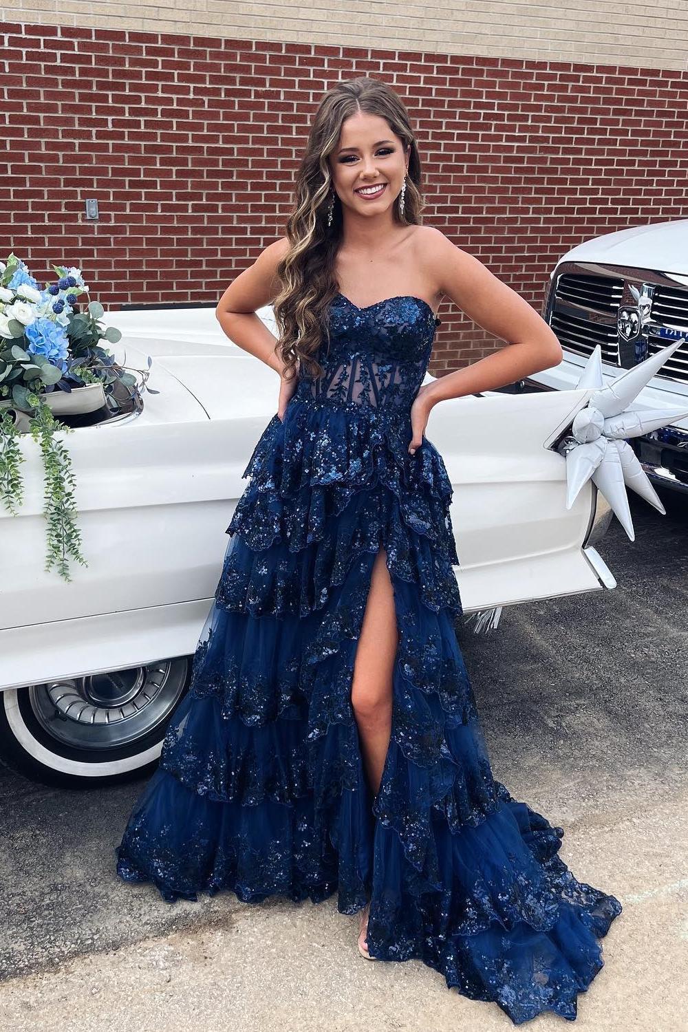 Sweetheart Navy Blue Appliques A-line Ruffle Long Prom Dress Dressesforparty Sweetheart Navy Blue Appliques A-line Ruffle Long Prom Dress Dressesforparty