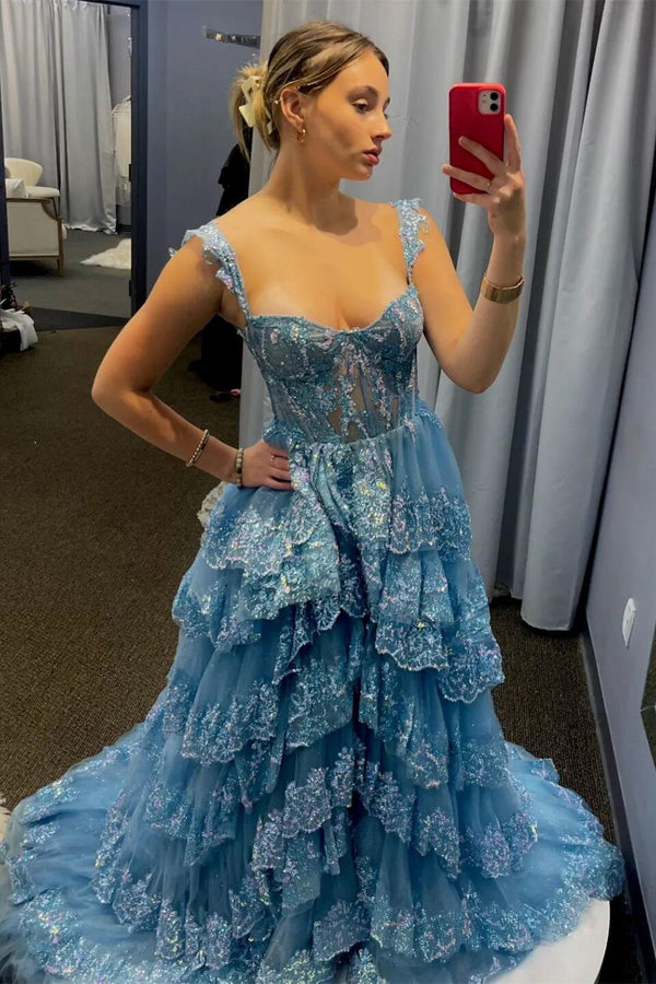 Blue Sequins Prom Gown,Floor length,Prom dress,wedding reception gown main image 1