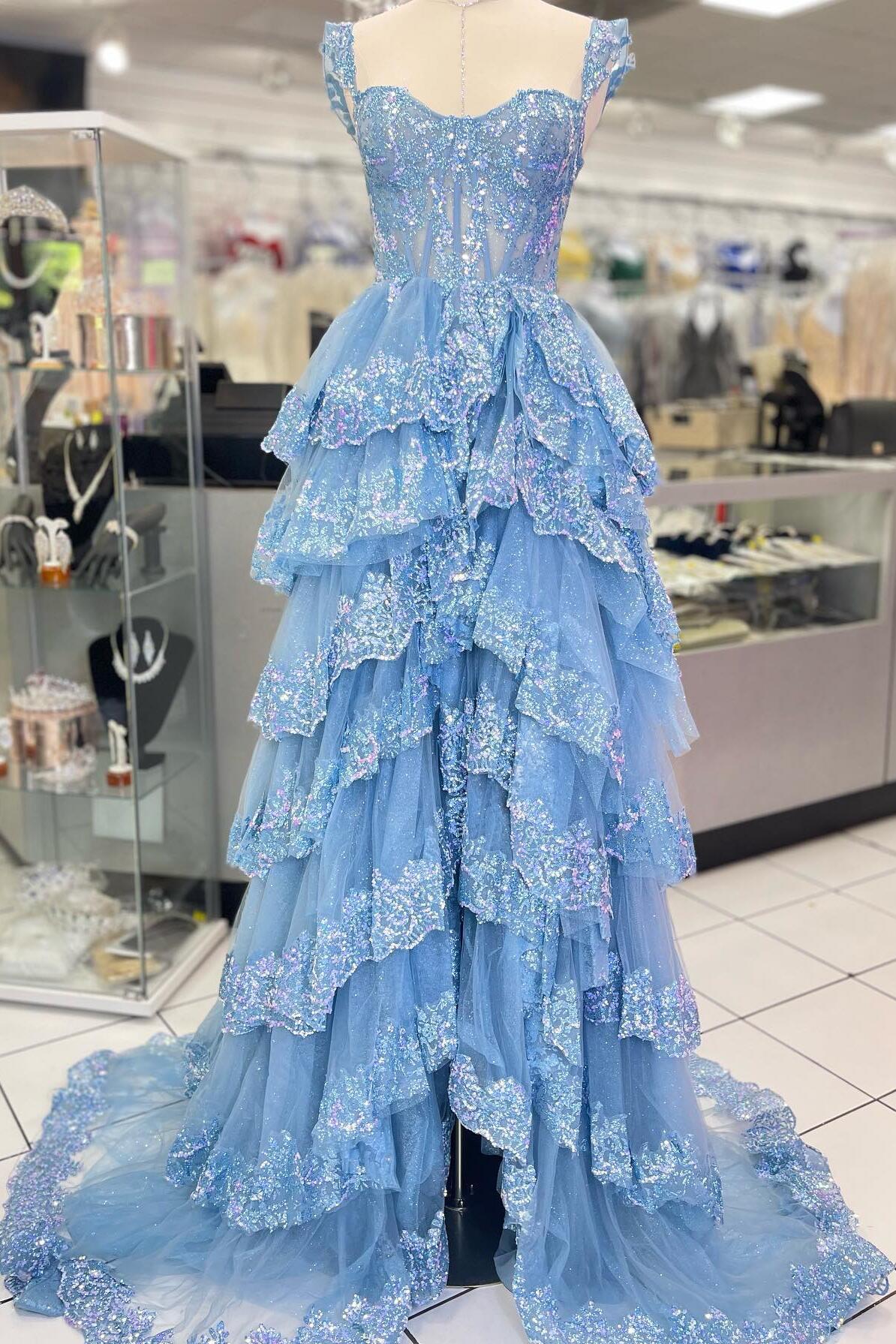 Light Blue Sequin Appliques Tiered Ruffles Prom Gown