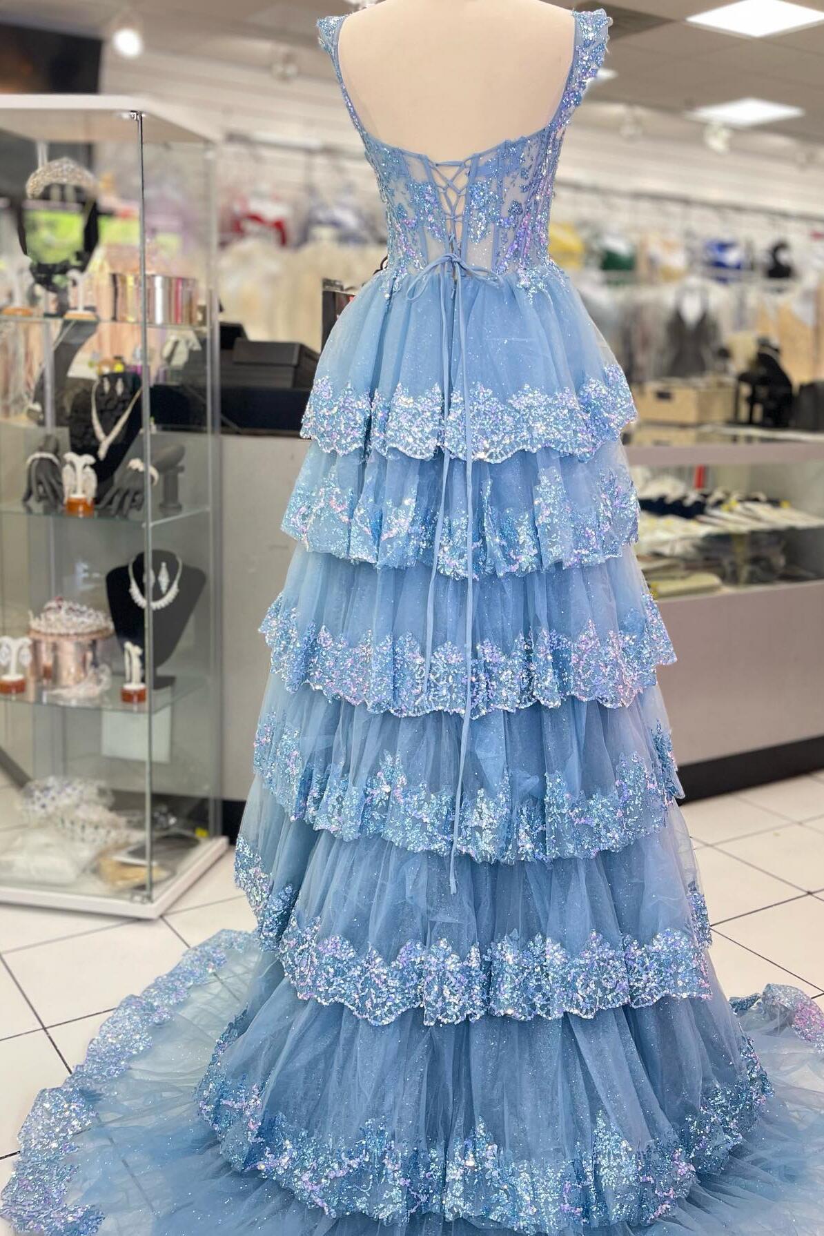 Light Blue Sequin Appliques Tiered Ruffles Prom Gown