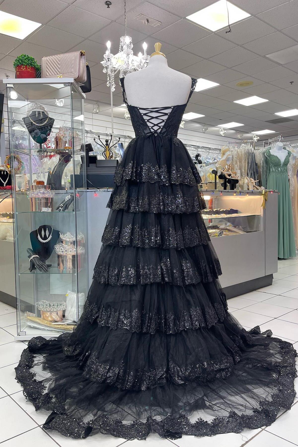 Black Sequin Sweetheart A Line Ruffles Prom Dress
