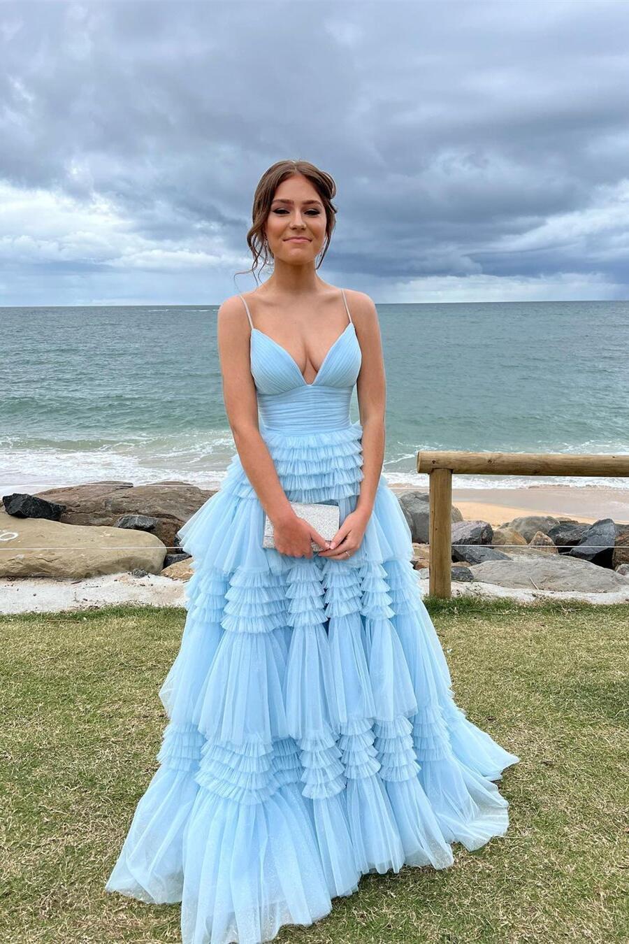 Light Blue Pleated A-line Tiered Prom Dress Dressesforparty Light Blue Pleated A-line Tiered Prom Dress Dressesforparty