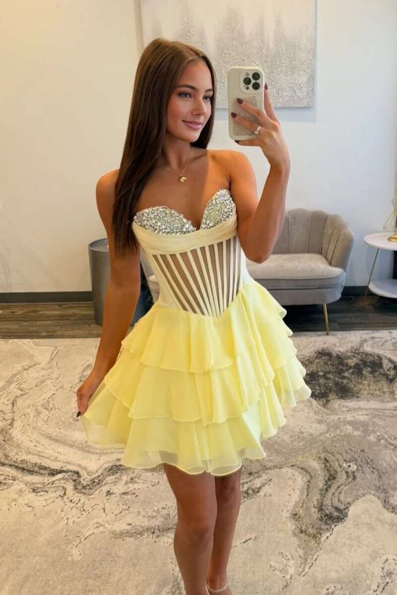 sheer ruffle dress Sheer Corset Yellow A-line Short Ruffle Dress – Dressesforparty