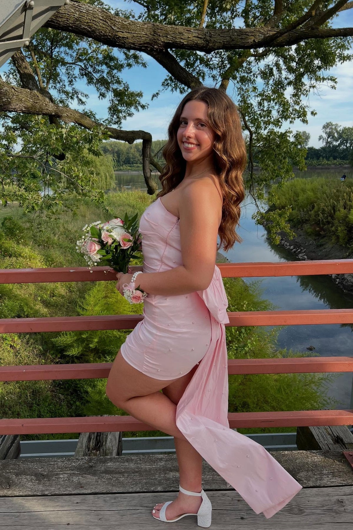 Strapless Pink Tight Mini Dress with Bow