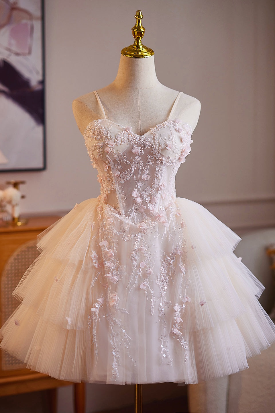 Pink Tulle Lace Bustier Ruffle Mini Dress