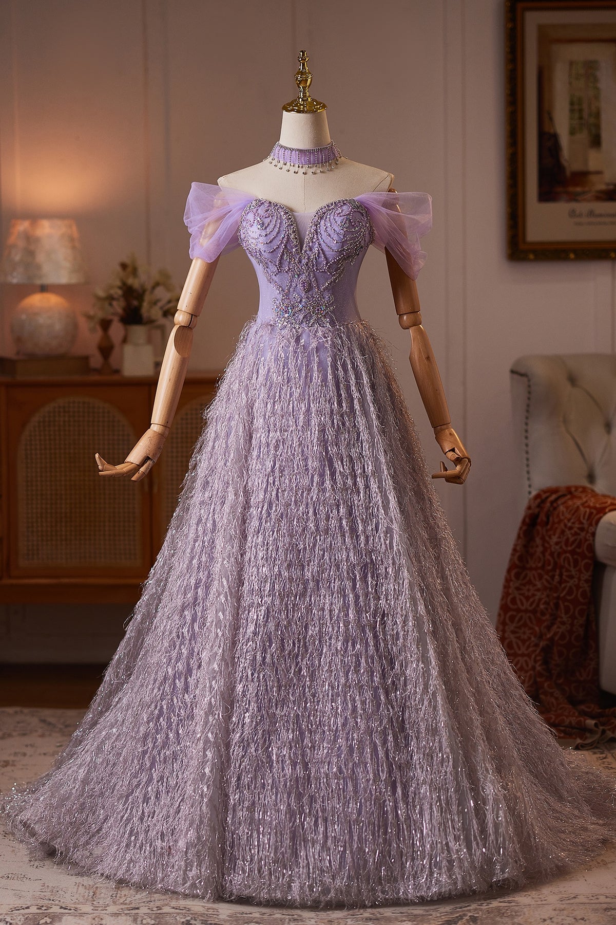 Lavender Off-the-Shoulder Beaded A-Line Dress Dressesforparty Lavender Off-the-Shoulder Beaded A-Line Dress Dressesforparty