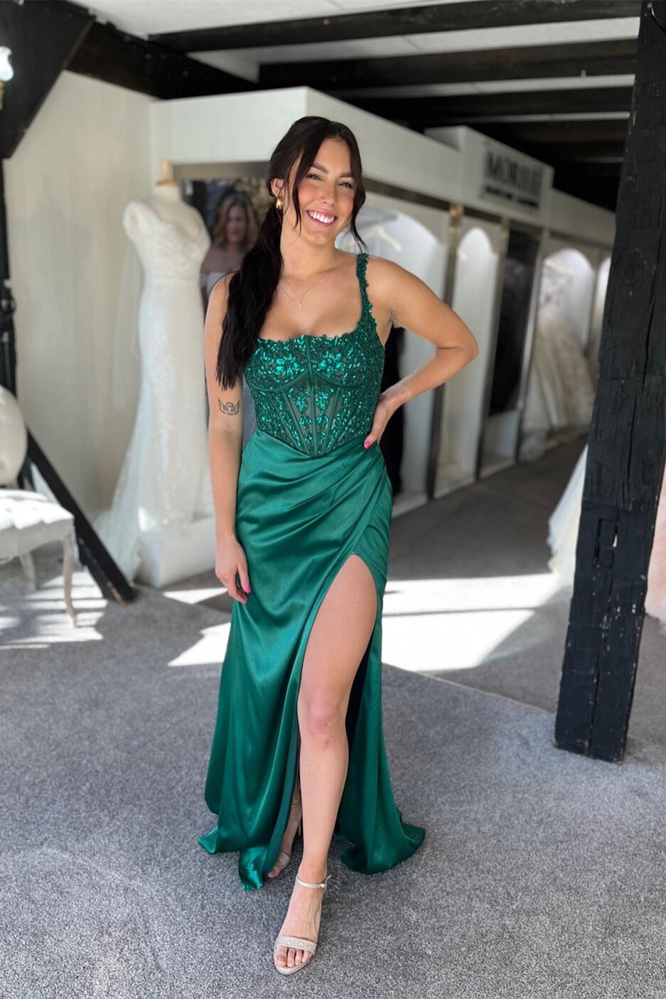 Green Appliques Straps Mermaid Formal Dress