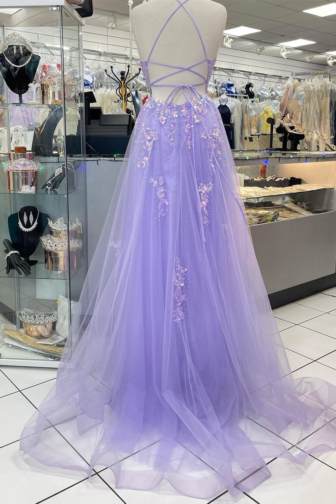 Straps Lavender Sequin Appliques A-line Formal Dress