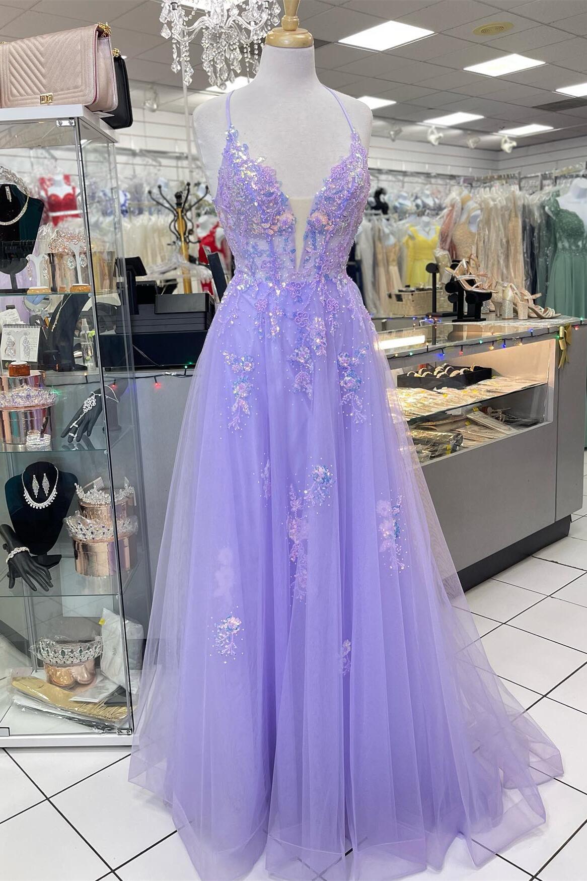Straps Lavender Sequin Appliques A-line Formal Dress