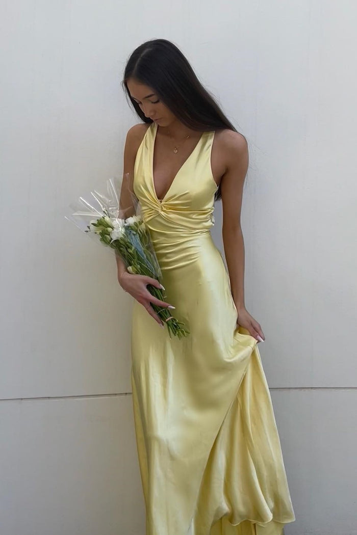 V Neck Yellow Satin Ruffle Fitted Prom Dress main image 1