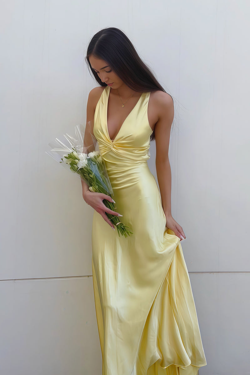 Deep V Neck Yellow Satin Print Floral Party Evening Gown Halter Prom Dress cc2187