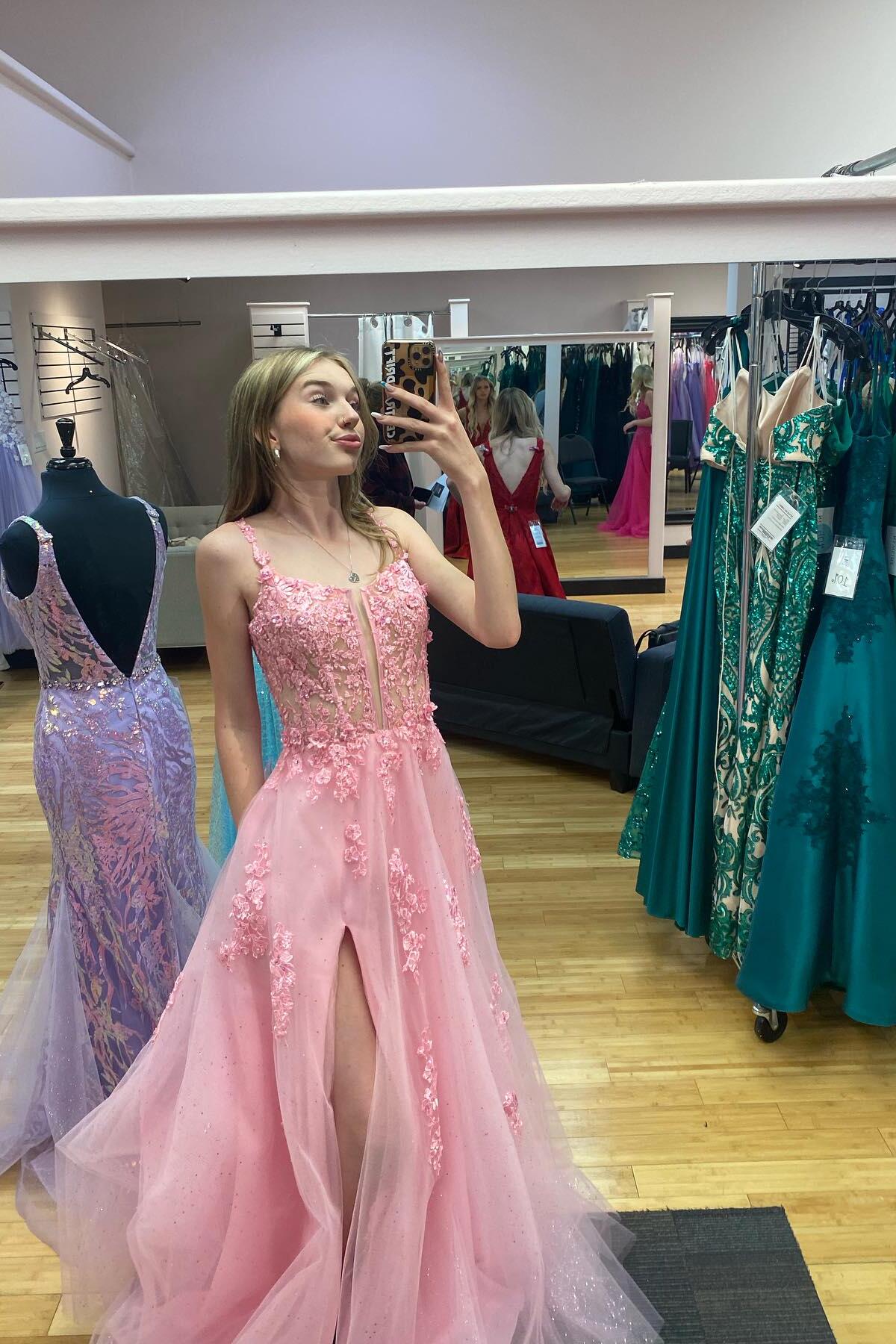 Pink Lace Appliques A-line Long Formal Dress