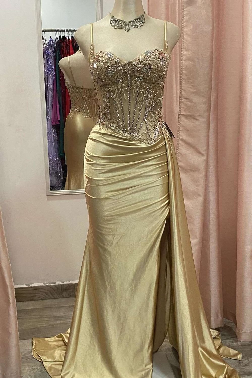 Sage - A Line Spaghetti Straps Satin Short Homecoming Dress With Beadings