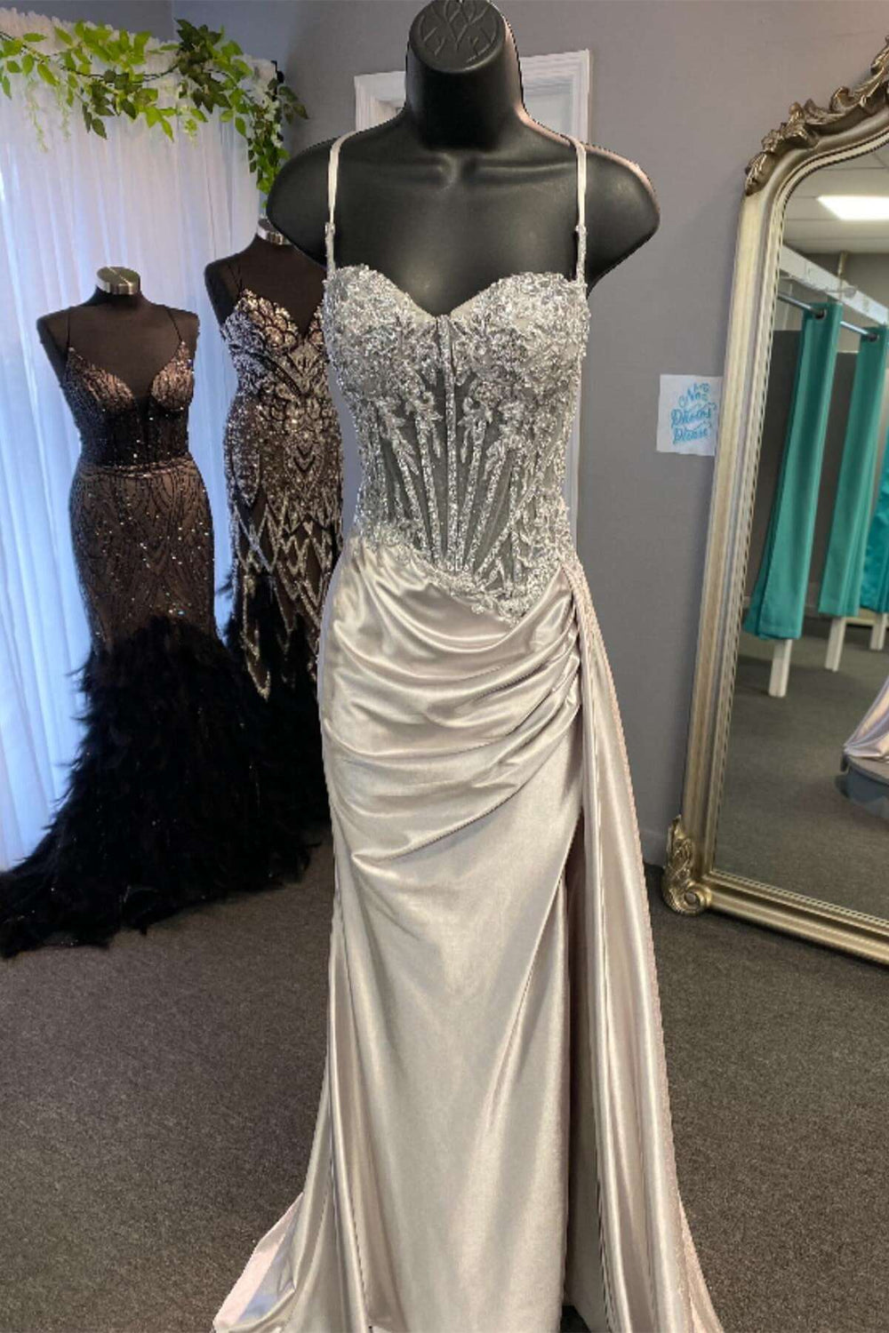 Sage - Spaghetti Straps Sheath Satin Pleated Formal Prom Dresses With Slit main image 0