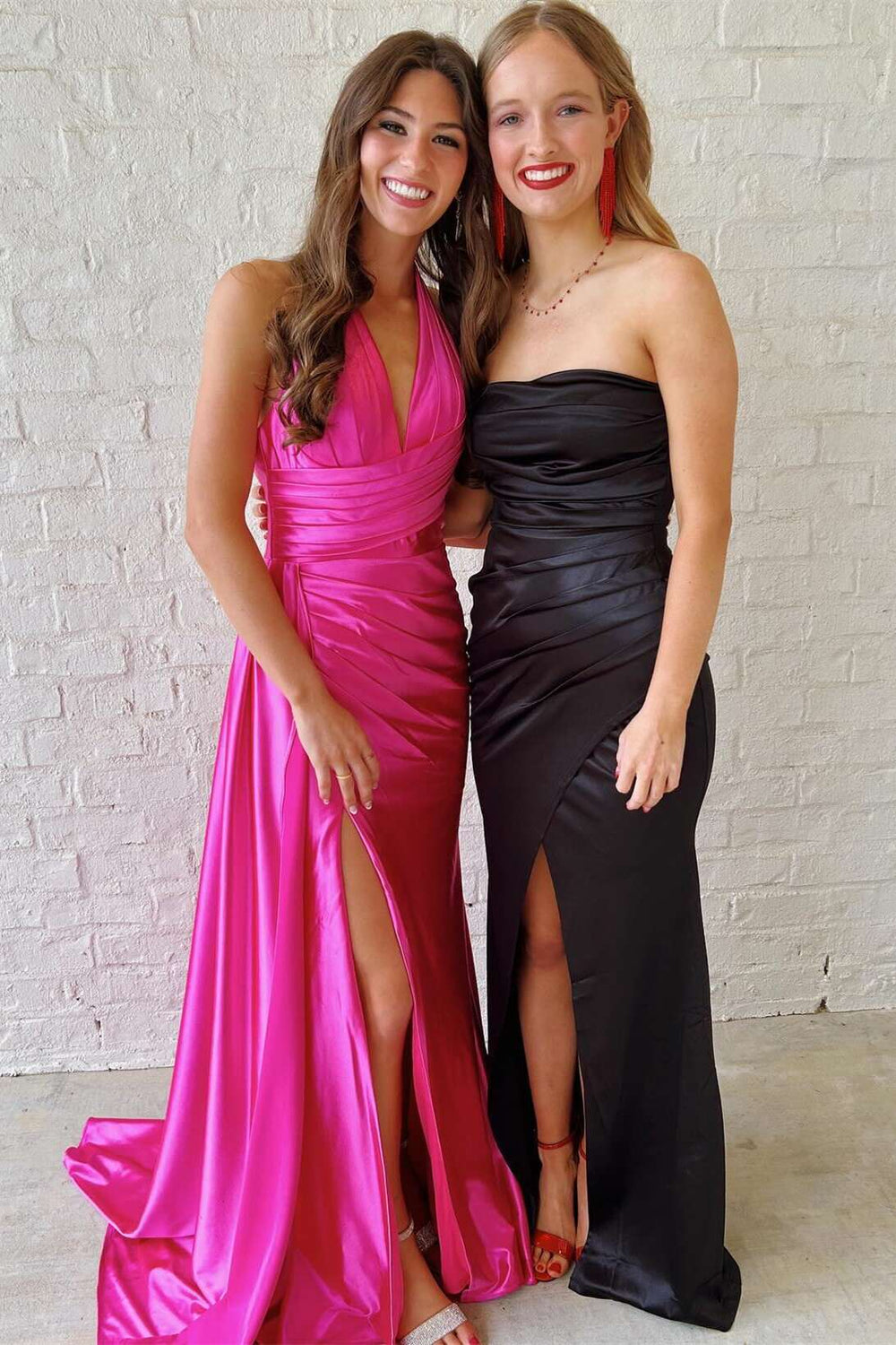 Modest Fuchsia V Neck Satin Long Evening Dress, Formal Gown  Y3096
