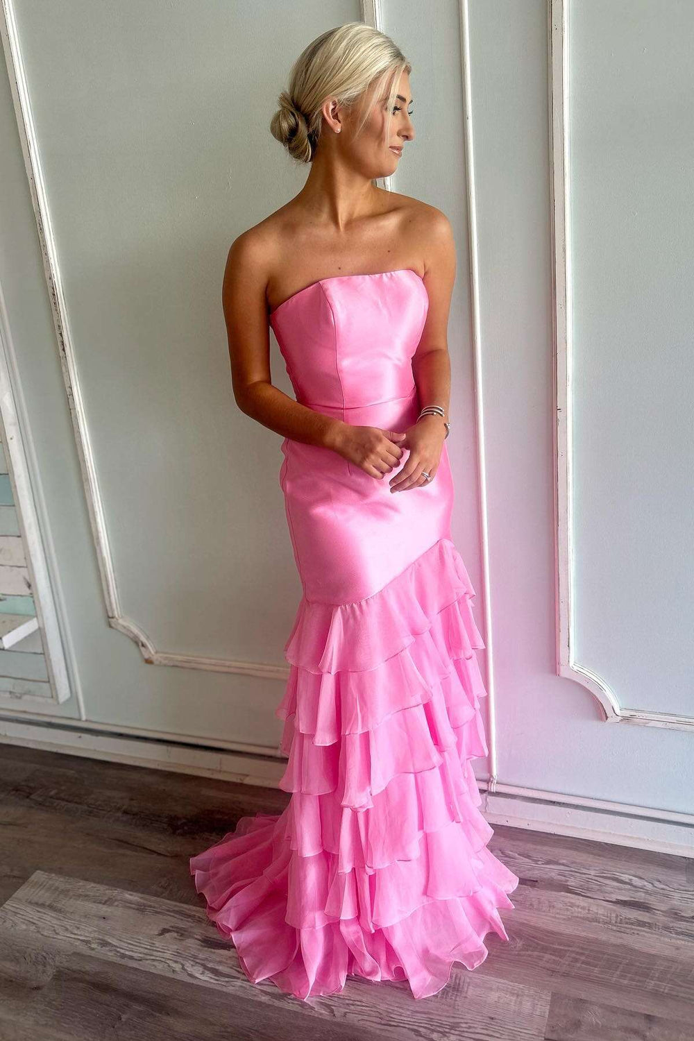 Hot Pink Spaghetti Straps Tiered Ruffles Long Party Dress