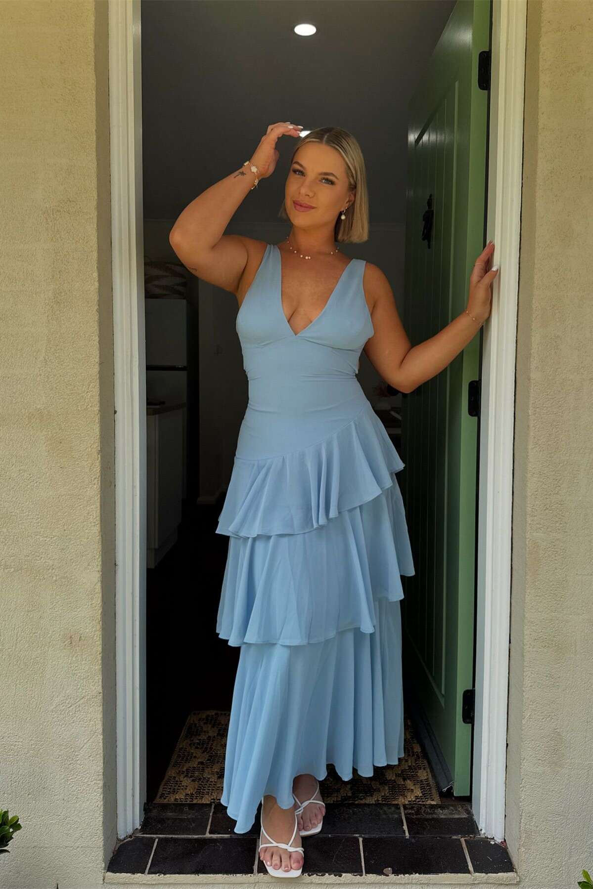 V Neck Blue Chiffon Tiered Bridesmaid Dress Dressesforparty V Neck Blue Chiffon Tiered Bridesmaid Dress Dressesforparty