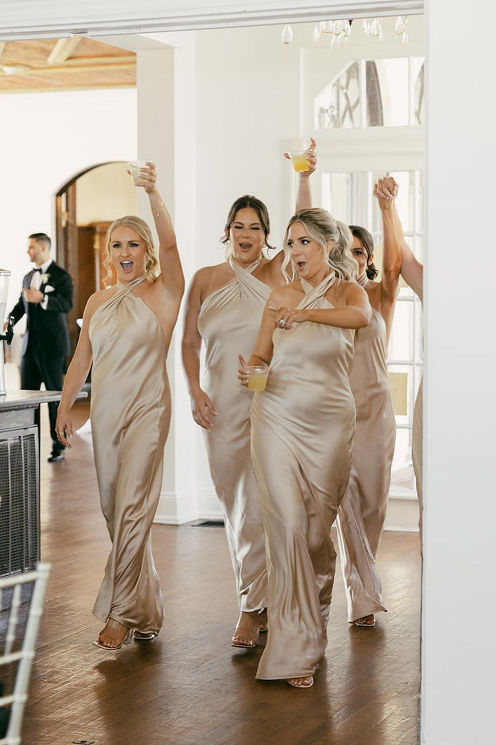 Cross Halter Sheath Bridesmaid Dress With Slit in Champagne main image 1